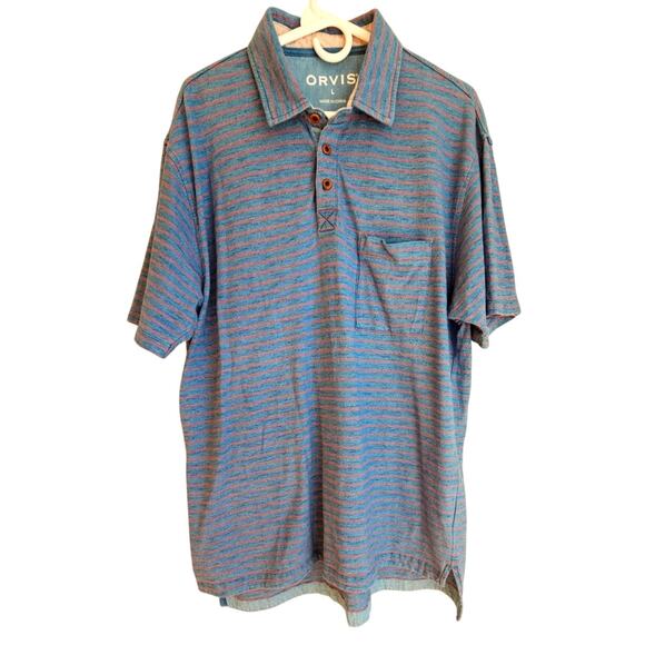 Orvis Other - Orvis Short Sleeve Striped Polo Shirt, Blue w pink stripes, Sz L